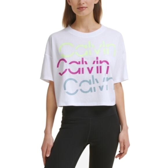 Calvin Klein Performance womans Sliced Logo Cropped T-Shirt White  XL - Picture 1 of 11